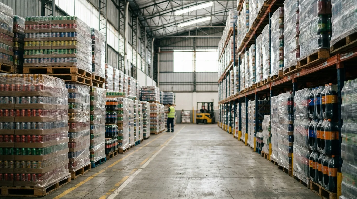 Depósito logístico con pallets de bebidas en estanterías y operario con autoelevador.