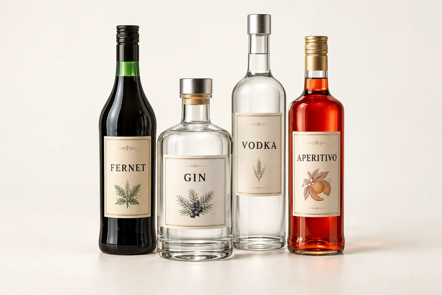 Selección ilustrativa de Fernet, gin, vodka y aperitivo.