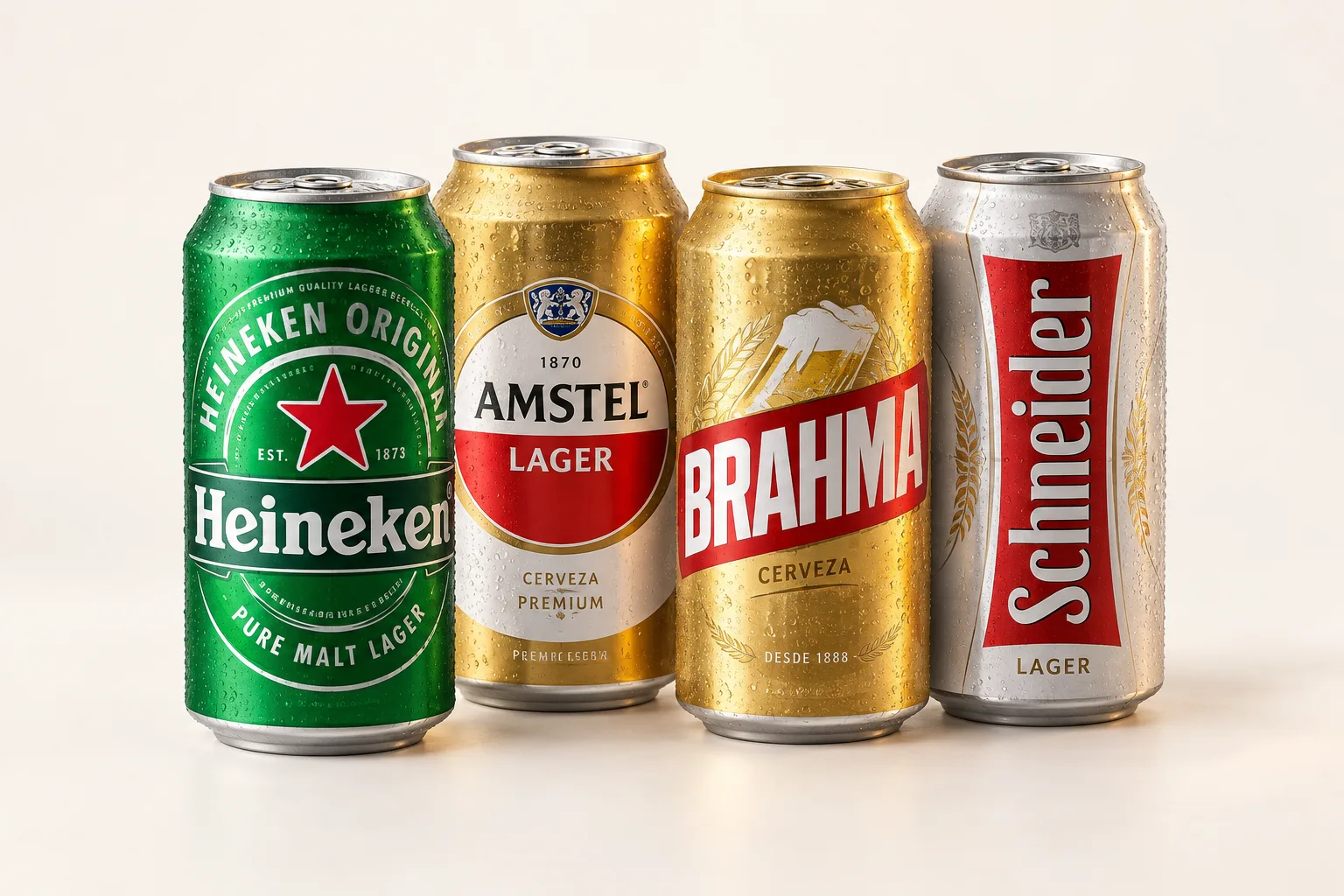 Latas de cerveza Heineken, Amstel, Brahma y Schneider.