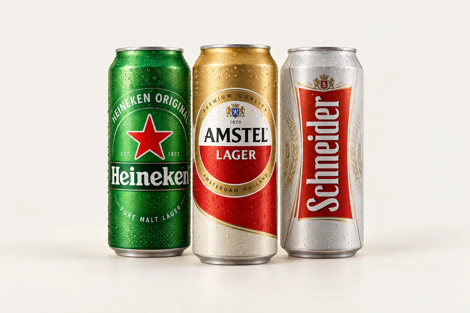 Latones de cerveza Heineken, Amstel y Schneider.