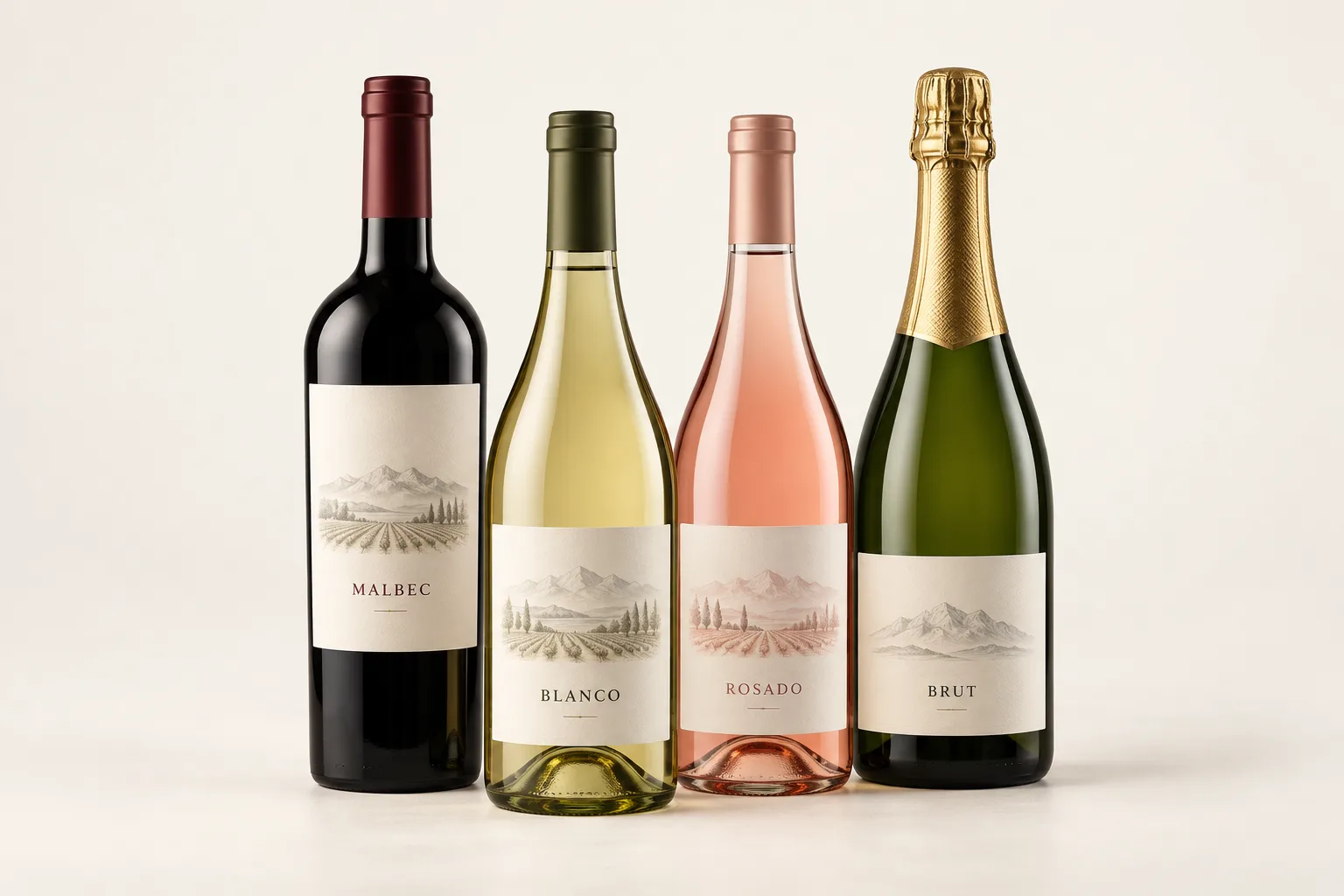Selección ilustrativa de vinos (Malbec, Blanco, Rosado) y espumante Brut.