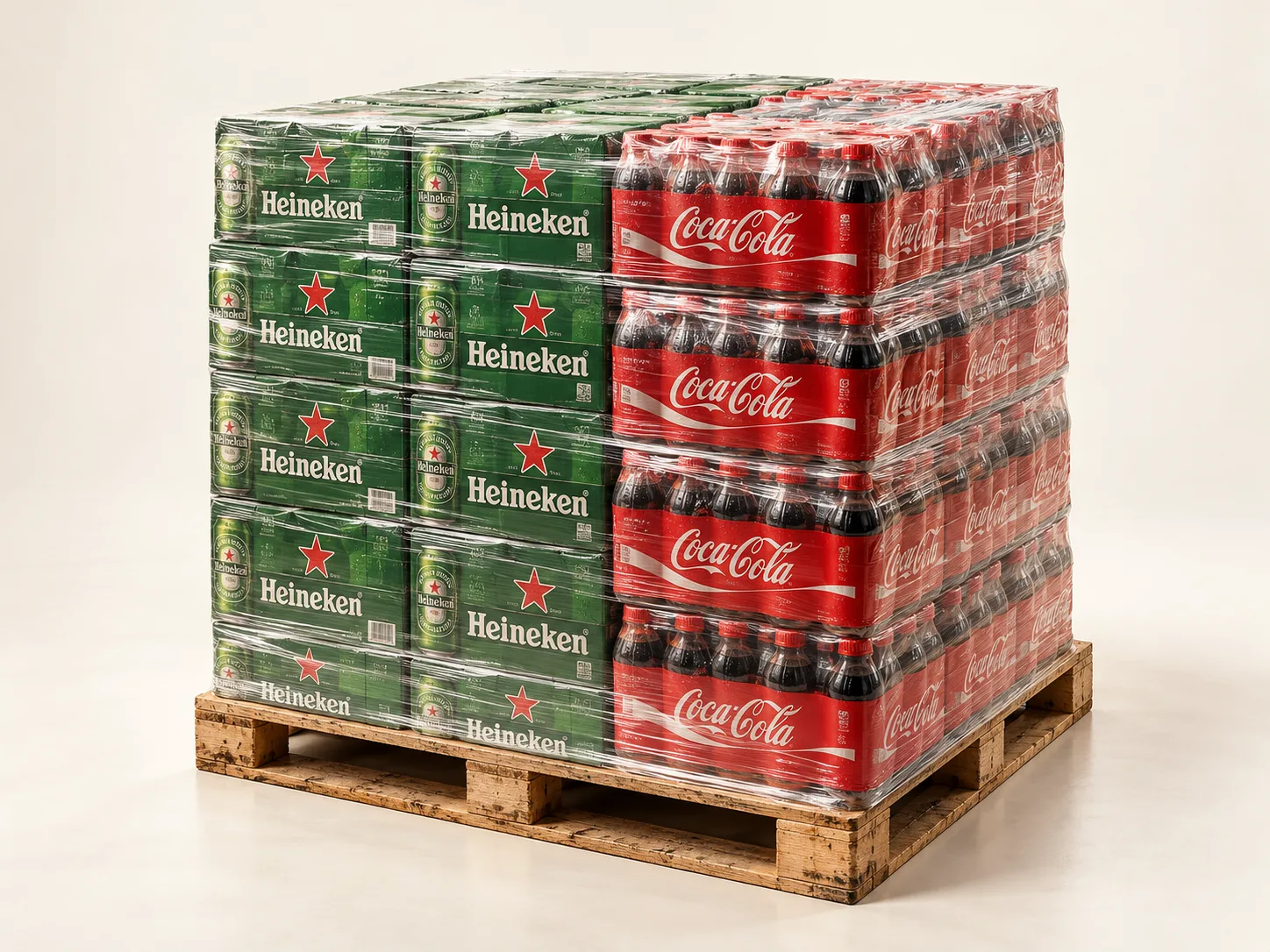 Pallet cerrado combinando cerveza Heineken y gaseosas.